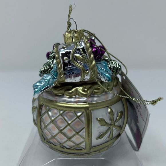 Fitz and Floyd Glass Ornament Snowy Woods Motif Gold Blue Purple Bow - Picture 2 of 10